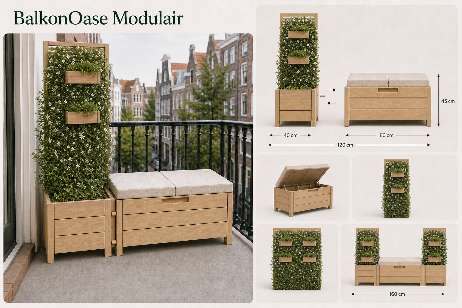 Volledig begroeide BalkonOase-variant met witte bloemen
